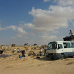 Transition! Our minibus leaves the tarmac, bumps over the sand to meet the camels.